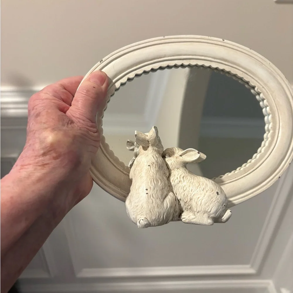Rustic Cream Rabbit Figurine with Mirror